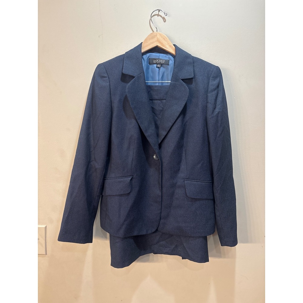 Kasper Navy Blue Micro Pattern Skirt Suit Set Blazer and Pencil Skirt Size 10